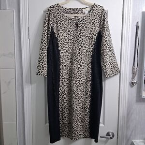 Alessa W Leopard & Lace Dress Slimming Side Panels Lace Detail Keyhole Zip Back